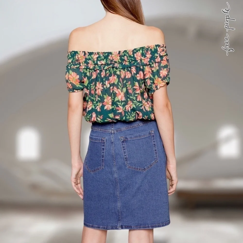 FREE PEOPLE Suki Floral Print Short-Puff-Sleeve Off-The-Shoulder Top MD NWT